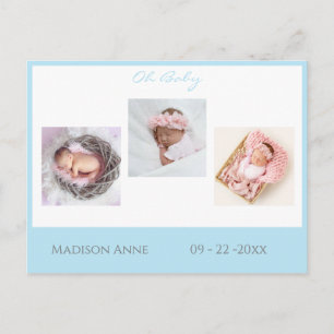 Carte Postale Faire-part Bébé Photo Bleu Script garçon Statistiques mignonn