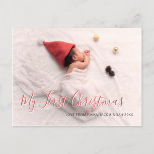 Carte Postale Faire-part Bébé Photo First Christmas Red Script Holiday