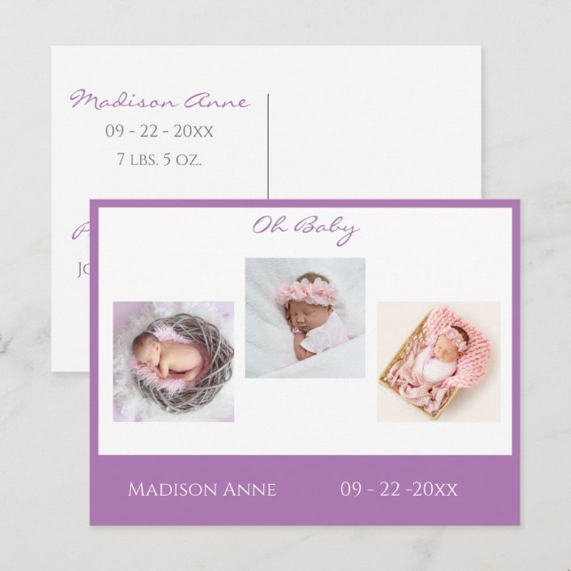 Carte Postale Faire-part Bébé Photo Purple Girl Script Statistiques Naissan (Devant / Derrière)