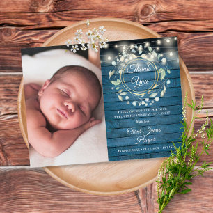 Carte Postale Faire-part Bébé Photo Vert Merci bleu rustique Naissance