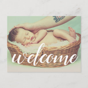 Carte Postale Faire-part Bienvenue White Script Overlay photo personnalisée