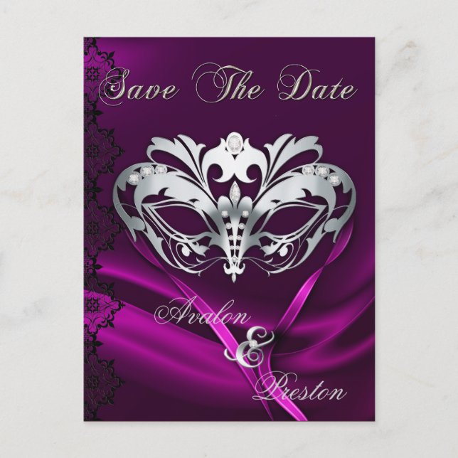 Carte Postale Faire-part Bijou rose Mascarade Argent Enregistrer La Date (Devant)