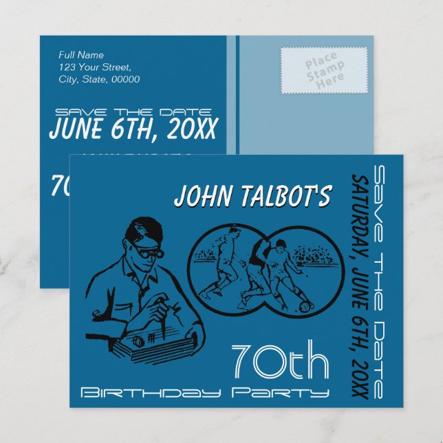 Carte Postale Faire-part Binocular Soccer 70th Birthday Enregistrer la date (Devant / Derrière)