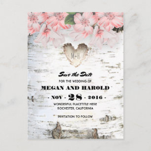 Carte Postale Faire-part Birch Heart Rustic Country Enregistrer la date