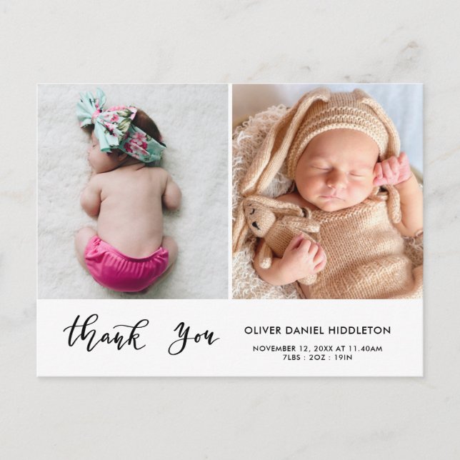 Carte Postale Faire-part Birth Announcement Thank You Modern Script Photo (Devant)