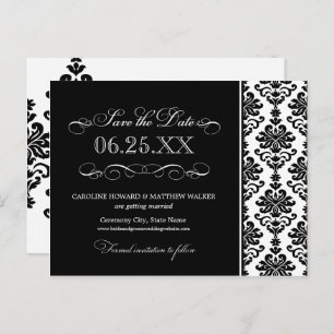 Carte Postale Faire-part Black and White Elegant Damask Enregistrer la date