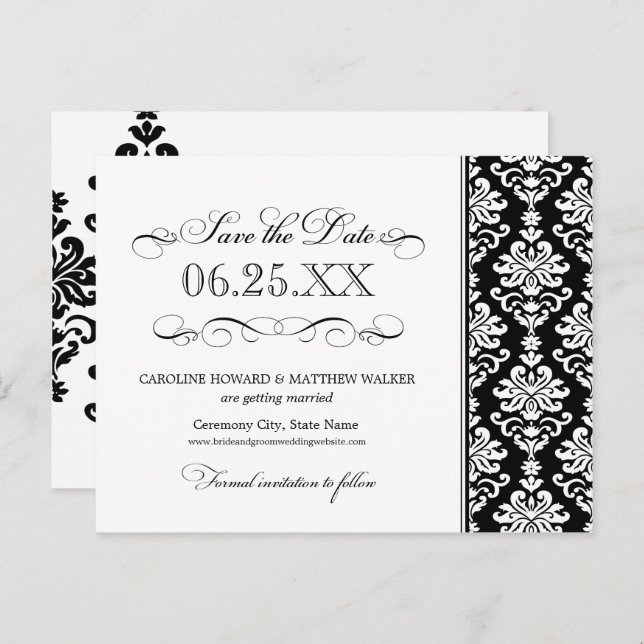 Carte Postale Faire-part Black and White Elegant Damask Enregistrer la date (Devant / Derrière)