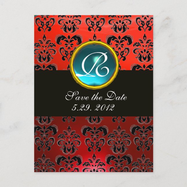 Carte Postale Faire-part BLACK BLANC ET ROUGE DAMASK BLEU GEM Monogramme (Devant)