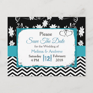 Carte Postale Faire-part Black & Blue Floral Hearts Enregistrer la date