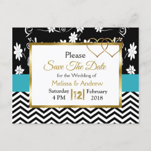Carte Postale Faire-part Black & Blue Floral Hearts Enregistrer la date