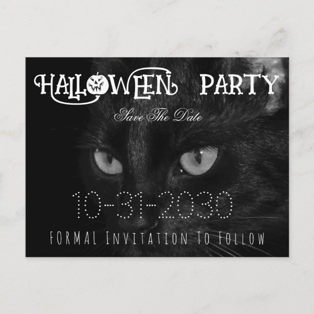 Carte Postale Faire-part Black Cat Eyes Halloween Party Enregistrer la date (Devant)