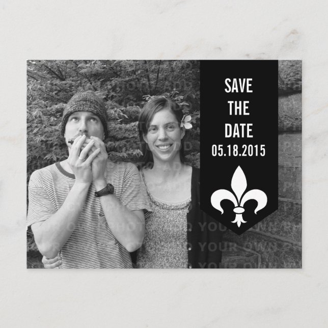 Carte Postale Faire-part Black Chic Flourish Banner Enregistrer la date Car (Devant)