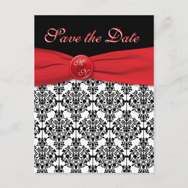 Carte Postale Faire-part Black Damask avec Poppy Red Enregistrer la date Ca (Devant)