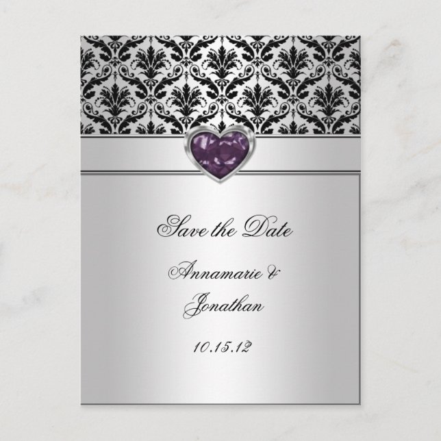 Carte Postale Faire-part Black Damask Purple Jewel Heart Argent Sauvez La D (Devant)