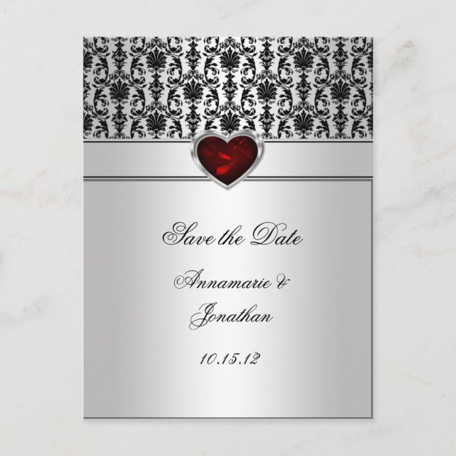 Carte Postale Faire-part Black Damask Red Jewel Heart Silver Save The Da (Devant)