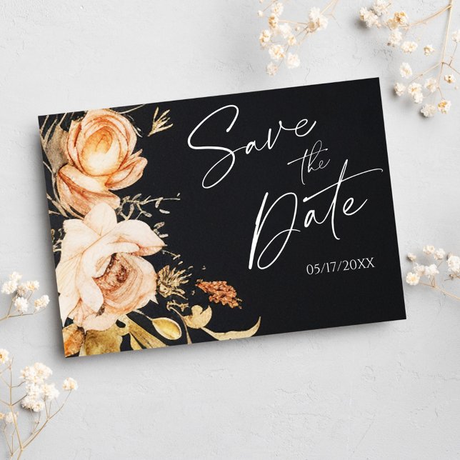 Carte Postale Faire-part Black Fall Floral Moderne Enregistrer La Date (Black Fall Floral Modern Save The Date Announcement Postcard)
