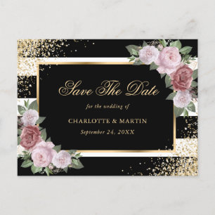 Carte Postale Faire-part Black Gold Blush Floral Wedding Enregistrer La Dat