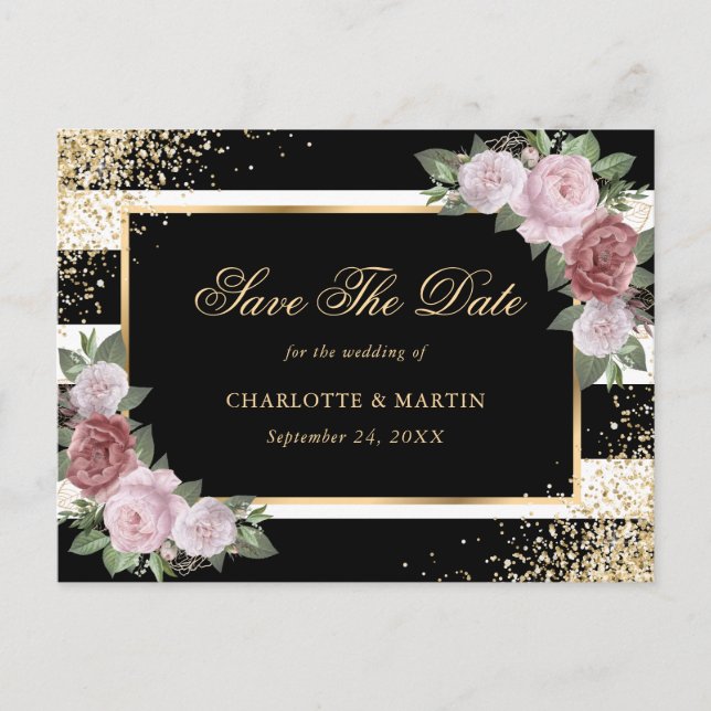 Carte Postale Faire-part Black Gold Blush Floral Wedding Enregistrer La Dat (Devant)
