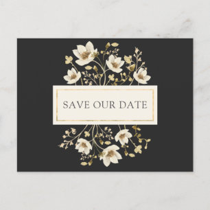 Carte Postale Faire-part Black Gold Floral Wedding Enregistrer la date Cart