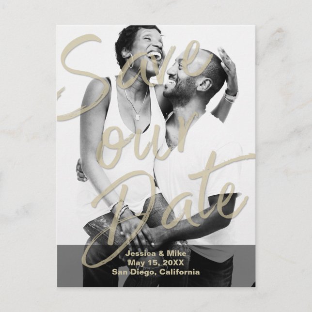 Carte Postale Faire-part Black Gold Modern Photo Script Enregistrer Notre D (Devant)