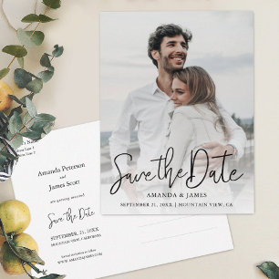 Carte Postale Faire-part Black Handwriting Simple Photo Enregistrer la date