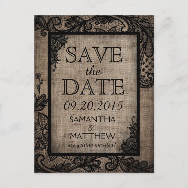 Carte Postale Faire-part Black Lace Burlap Moderne Goth Enregistrer la date (Devant)