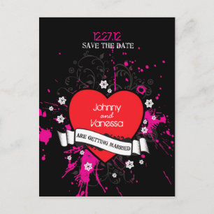 Carte Postale Faire-part Black & Pink Grungy Heart Music Mariage à thème