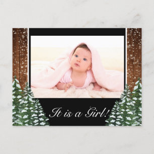 Carte Postale Faire-part Black Snowy Wood & Forest Baby Girl Photo Naissanc