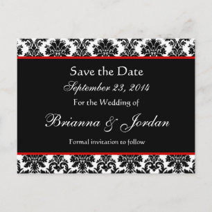 Carte Postale Faire-part Black White Damask Red Accents Enregistrer La Date