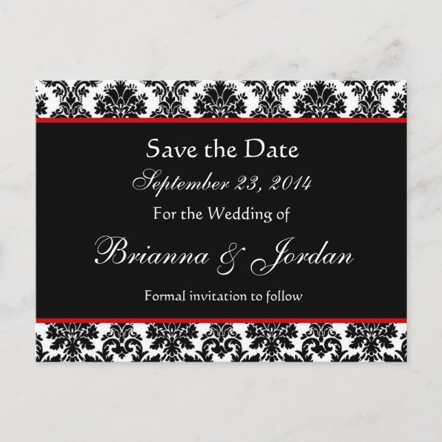 Carte Postale Faire-part Black White Damask Red Accents Enregistrer La Date (Devant)