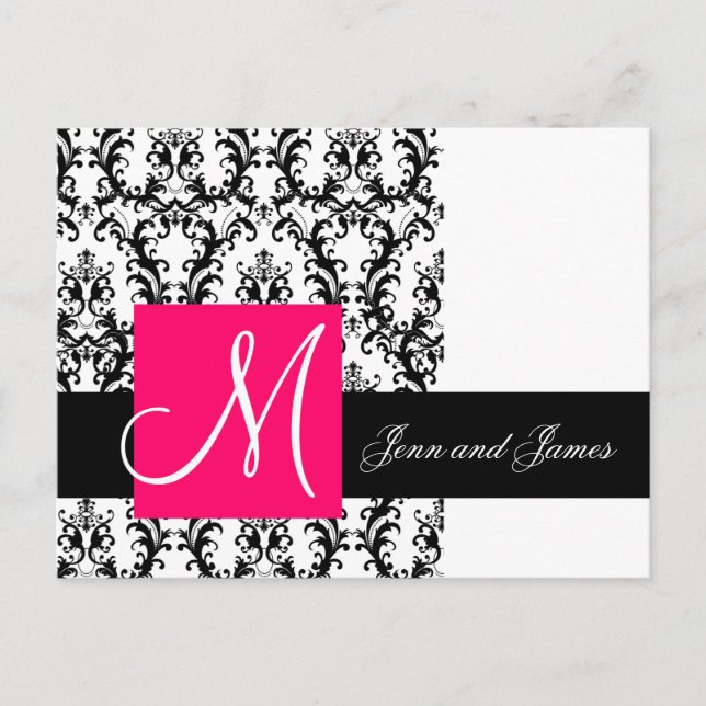 Carte Postale Faire-part Black White Fuchsia Mariage damassé (Devant)