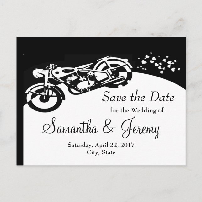 Carte Postale Faire-part Black White Motorcycle Custom Wedding Date de sauv (Devant)