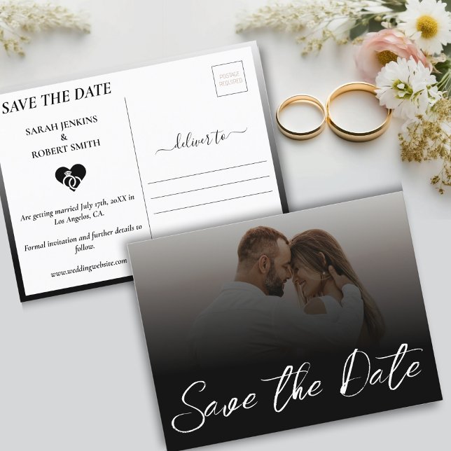 Carte Postale Faire-part Black & White Ombre Photo Wedding Enregistrer La D (Black & White Ombre Photo Wedding Save The Date Announcement Postcard)