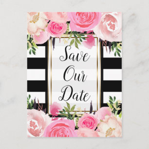 Carte Postale Faire-part Black White Stripes Pink Floral Enregistrer La Dat