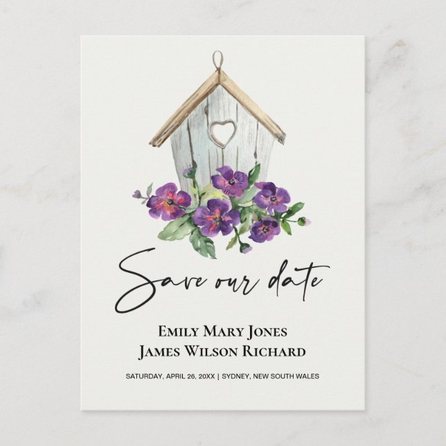 CARTE POSTALE FAIRE-PART BLANC BOHO RUSTIC FLORAL BIRDHOUSE ENREGISTRER LA  (Devant)