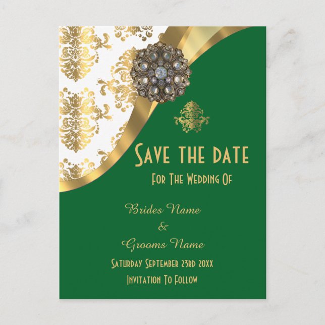 Carte Postale Faire-part Blanc, vert et or damassé save the date (Devant)