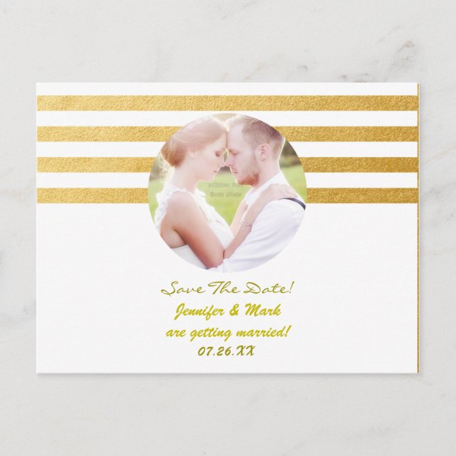 Carte Postale Faire-part Blancs & Gold Foil Stripes Enregistrer Date Photo  (Devant)