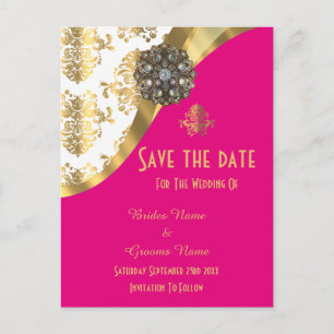 Carte Postale Faire-part Blancs, roses et dorés damask enregistrer la date