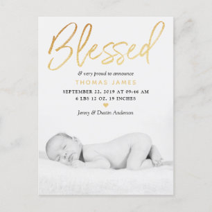 Carte Postale Faire-part "Blessed" Gold Foil Photo Birth Announcement