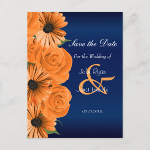 Carte Postale Faire-part Bleu avec Rose orange et marguerite - Enregistrer 