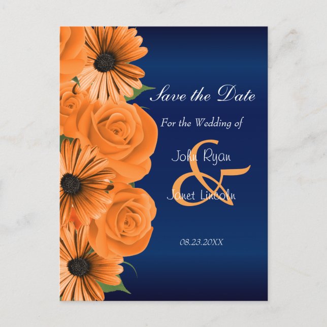 Carte Postale Faire-part Bleu avec Rose orange et marguerite - Enregistrer  (Devant)
