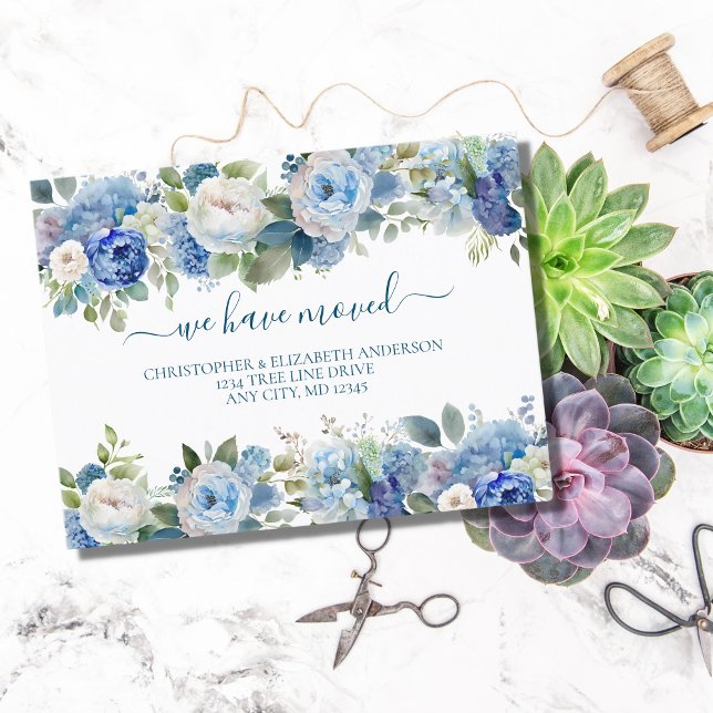 Carte Postale Faire-part Bleu Blanc Floral Fleurs Script Déplacement  (Créateur téléchargé)