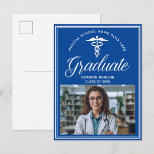 Carte Postale Faire-part Bleu Blanc Médicale School Photo Graduation