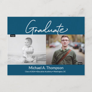 Carte Postale Faire-part Bleu Graduation puis et maintenant Graduate Photos