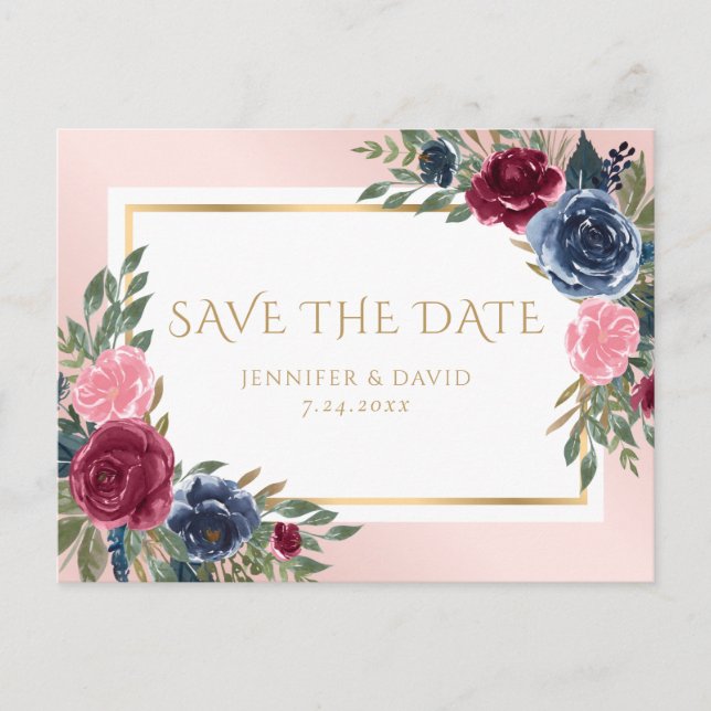Carte Postale Faire-part Bleu marine, bordeaux, rose blush floral Save The 