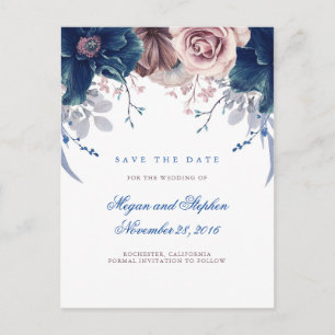 Carte Postale Faire-part Bleu marine et mauve floral Save the Date
