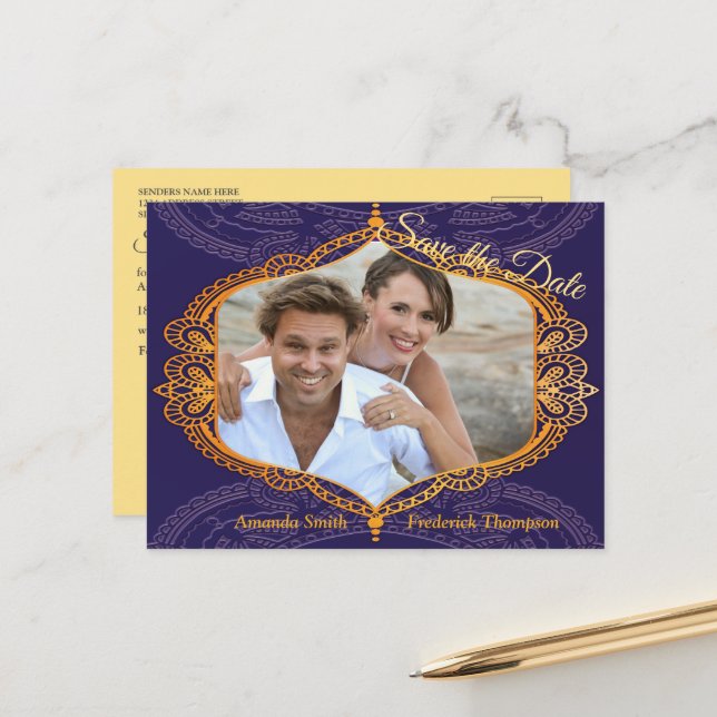 Carte Postale Faire-part Bleu marine ou violet avec Mandalas or (Devant/Arrière en situation)