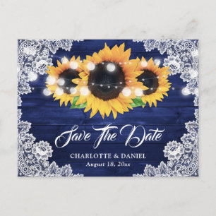 Carte Postale Faire-part Bleu Nuit Bois Rustique Dentelle Soleil Save The D