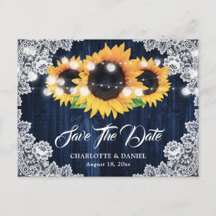 Carte Postale Faire-part Bleu Nuit Élégant Bois Floral Dentelle Tournesol