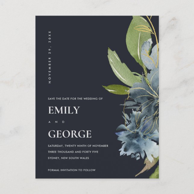 CARTE POSTALE FAIRE-PART BLEU OR NAVAL FLEUR D'EAU ENREGISTREZ LA DATE (Devant)